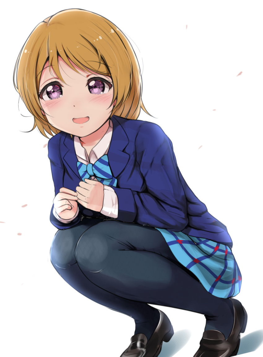 1girl :d ankoiri bangs black_legwear blazer blue_bow blue_bowtie blue_jacket blue_skirt blush bow bowtie brown_hair eyebrows_visible_through_hair highres jacket knees_on_chest koizumi_hanayo legs_together loafers long_sleeves looking_at_viewer love_live! love_live!_school_idol_project open_mouth pantyhose pink_eyes plaid plaid_skirt school_uniform shoes short_hair simple_background skirt smile solo squatting striped striped_bow striped_bowtie swept_bangs tareme violet_eyes white_background