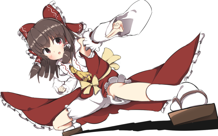 1girl akabeco blush bow brown_hair commentary_request cookie_(touhou) derivative_work detached_sleeves eyebrows_visible_through_hair hair_bow hair_tubes hakurei_reimu kanna_(cookie) looking_at_viewer parted_lips red_bow red_eyes sandals short_hair simple_background socks solo touhou white_background white_legwear