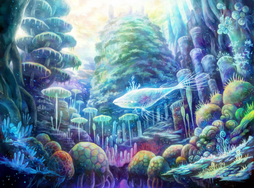 commentary_request coral coral_reef crystal day fantasy fish highres kemi_neko no_humans original outdoors plant scenery underwater whale