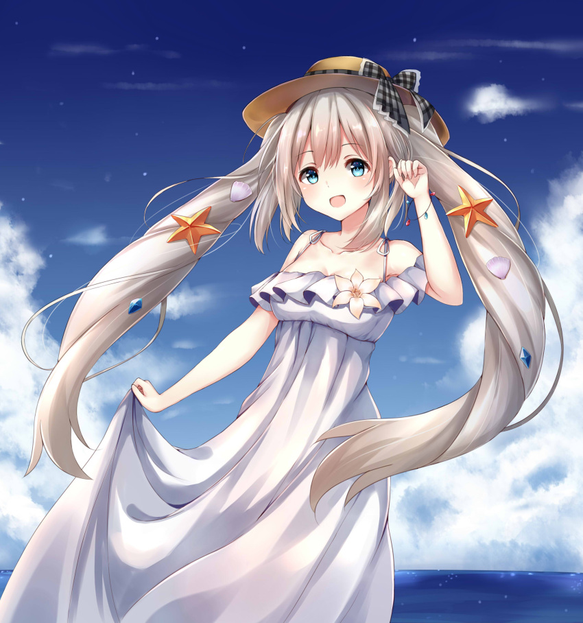 1girl absurdres bangs bare_shoulders blue_sky blush clouds cloudy_sky collarbone day dress eyebrows_visible_through_hair fate/grand_order fate_(series) grey_hair hand_up hat highres holding_dress long_hair looking_at_viewer marie_antoinette_(fate/grand_order) marie_antoinette_(swimsuit_caster)_(fate) ocean open_mouth outdoors seashell_hair_ornament sidelocks sky smile solo standing starfish_hair_ornament sun_hat tareme very_long_hair white_dress ym_(distance819)