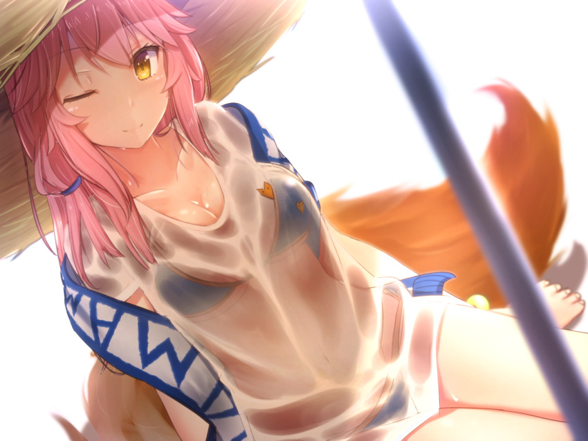 1girl ;) bangs barefoot bikini blue_bikini blurry blush breasts cleavage closed_mouth cuon_(kuon) depth_of_field dutch_angle eyebrows_visible_through_hair fate/grand_order fate_(series) fox_print fox_tail hat long_hair looking_at_viewer medium_breasts one_eye_closed pink_hair see-through shirt simple_background smile solo straw_hat sun_hat swimsuit tail tamamo_(fate)_(all) tamamo_no_mae_(swimsuit_lancer)_(fate) tsurime umbrella wet wet_clothes wet_shirt white_background