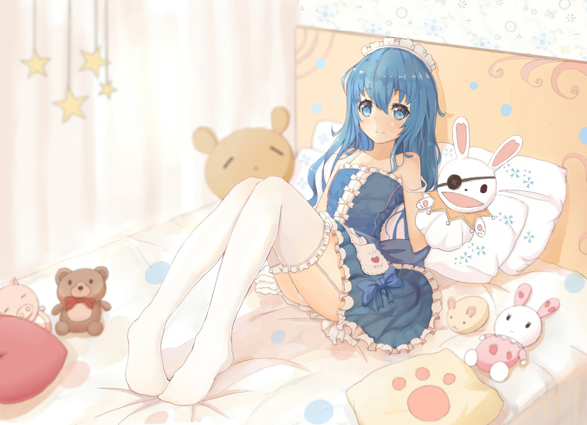 1girl blue_dress blue_eyes blue_hair darcy_(pixiv11949485) date_a_live dress eyepatch hand_puppet highres on_bed panties pantyshot puppet sitting sitting_on_bed smile stuffed_animal stuffed_toy thigh-highs underwear white_panties yoshino_(date_a_live) yoshinon