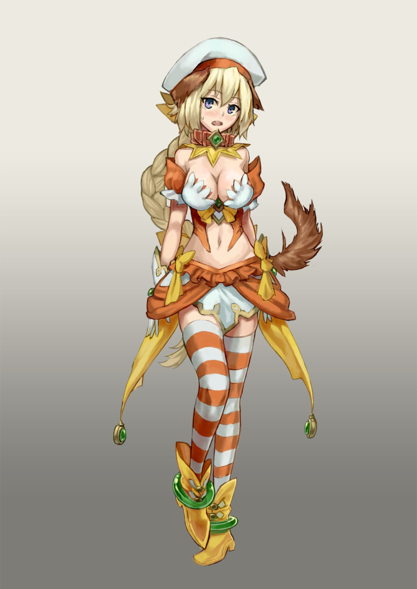 1girl animal_ears blonde_hair blue_eyes blush boots braid breasts choker cleavage crop_top dog_ears dog_tail full_body gloves gradient gradient_background grey_background hat hei_niao highres long_hair looking_at_viewer medium_breasts midriff miniskirt navel open_mouth single_braid skirt solo standing stomach striped striped_legwear sweatdrop tail thigh-highs very_long_hair white_gloves white_hat yellow_boots
