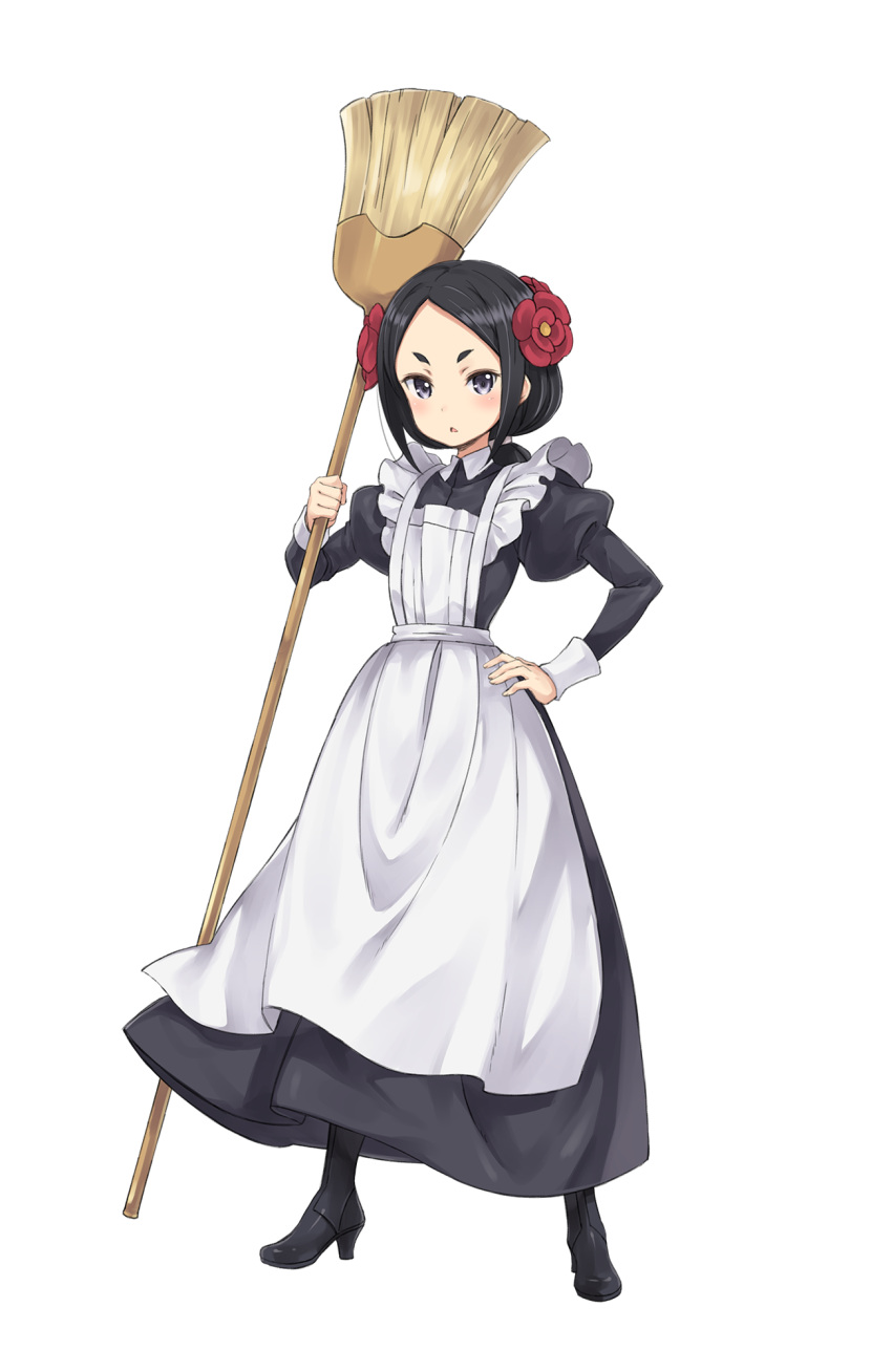 1girl apron black_boots black_eyes black_hair boots broom eyebrows forehead full_body hand_on_hip highres looking_at_viewer maid_apron official_art princess_principal princess_principal_game_of_mission solo standing toudou_chise