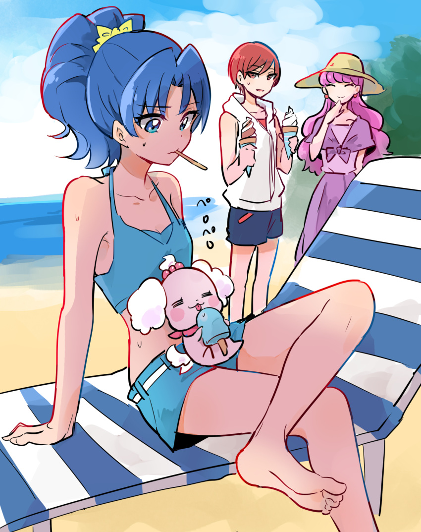 3girls ^_^ barefoot beach bikini blue_bikini blue_eyes blue_hair closed_eyes closed_mouth earrings food hair_ribbon hat highres ice_cream jewelry kenjou_akira kirakira_precure_a_la_mode kotozume_yukari legs_crossed long_hair looking_at_another monsieur mouth_hold multiple_girls ocean pekorin_(precure) ponytail popsicle precure purple_hair red_eyes redhead ribbon short_hair sitting sketch smile swimsuit tategami_aoi yellow_ribbon