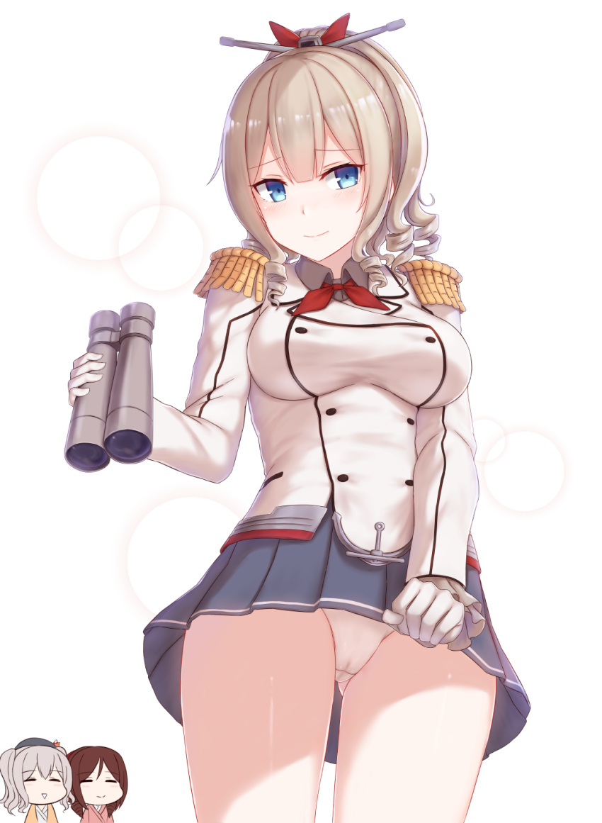 1girl 3girls blue_eyes blush breasts cai_geng cosplay epaulettes gloves hatakaze_(kantai_collection) highres kantai_collection kashima_(kantai_collection) kashima_(kantai_collection)_(cosplay) light_brown_hair long_hair looking_at_viewer military military_uniform miniskirt multiple_girls panties pleated_skirt ponytail skirt smile underwear uniform white_gloves white_panties