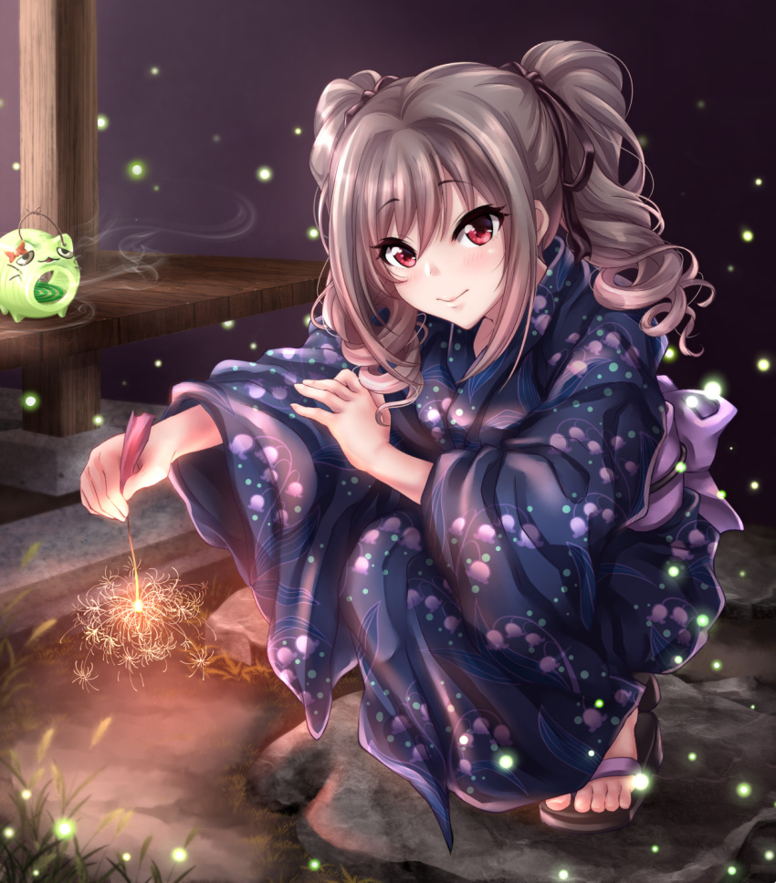 1girl alternate_costume commentary_request drill_hair firefly fireworks highres idolmaster idolmaster_cinderella_girls idolmaster_cinderella_girls_starlight_stage japanese_clothes kanzaki_ranko kimono long_hair looking_at_viewer night obi red_eyes sandals sash senkou_hanabi silver_hair smile solo sparkler squatting tdnd-96 twin_drills twintails wide_sleeves yukata