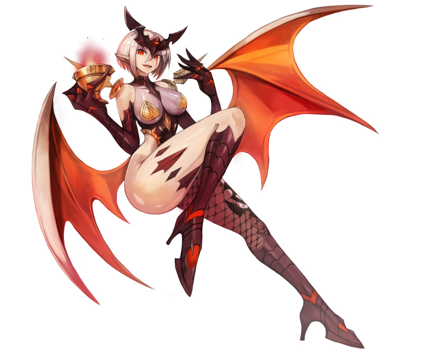 1girl boots breasts commentary demon_girl demon_wings elbow_gloves facial_mark full_body gloves high_heels highres knee_boots looking_at_viewer medium_breasts original parted_lips pointy_ears red_eyes short_hair silver_hair simple_background solo sookmo succubus tagme white_background wings
