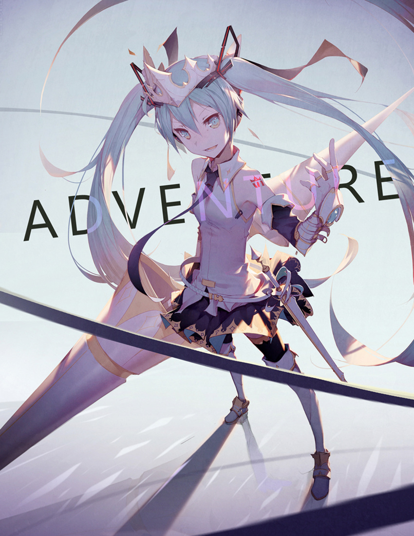 1girl absurdly_long_hair black_legwear black_skirt blue_eyes blue_hair blush english eyebrows_visible_through_hair fingerless_gloves gloves hatsune_miku highres holding holding_spear holding_weapon kieed long_hair looking_at_viewer parted_lips polearm sheath sheathed skirt smile solo spear sword thigh-highs very_long_hair vocaloid weapon white_gloves