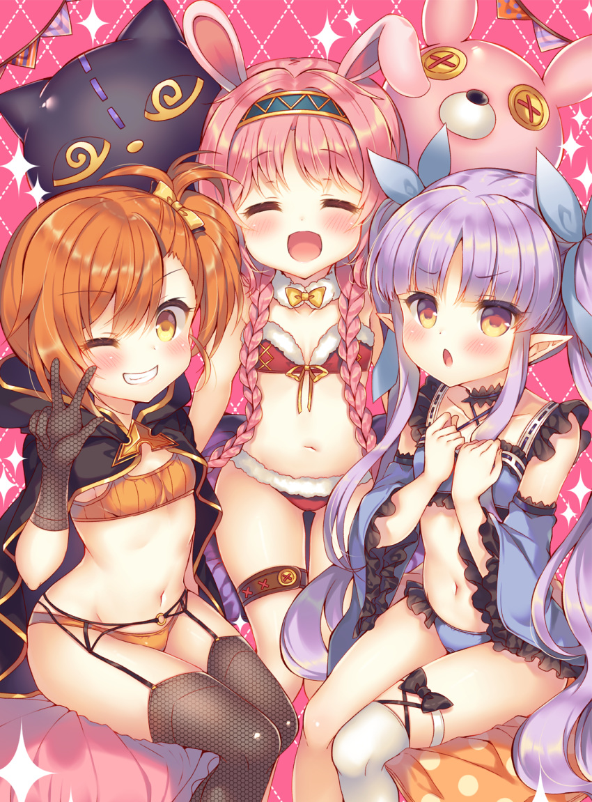 3girls :d ^_^ adapted_costume akane_mimi animal_ears bangs bare_arms bare_shoulders bikini blue_bikini blue_hairband blue_ribbon blue_sleeves blush bow braid brown_bikini brown_eyes brown_hair closed_eyes commentary_request detached_sleeves eyebrows_visible_through_hair fishnet_gloves fishnet_legwear fishnets frilled_bikini frilled_sleeves frills fur-trimmed_bikini garter_belt gloves hair_between_eyes hair_bow hair_over_shoulder hair_ribbon hairband hand_up highres hikawa_kyouka hodaka_misogi long_hair long_sleeves low_twintails multiple_girls navel open_mouth pennant pink_hair pointy_ears polka_dot princess_connect! princess_connect!_re:dive purple_hair rabbit_ears red_bikini ribbon side_ponytail single_thighhigh sitting smile sparkle string_of_flags stuffed_animal stuffed_bunny stuffed_toy suzunone_rena swimsuit thigh-highs twin_braids twintails unmoving_pattern very_long_hair w white_legwear wide_sleeves yellow_bow