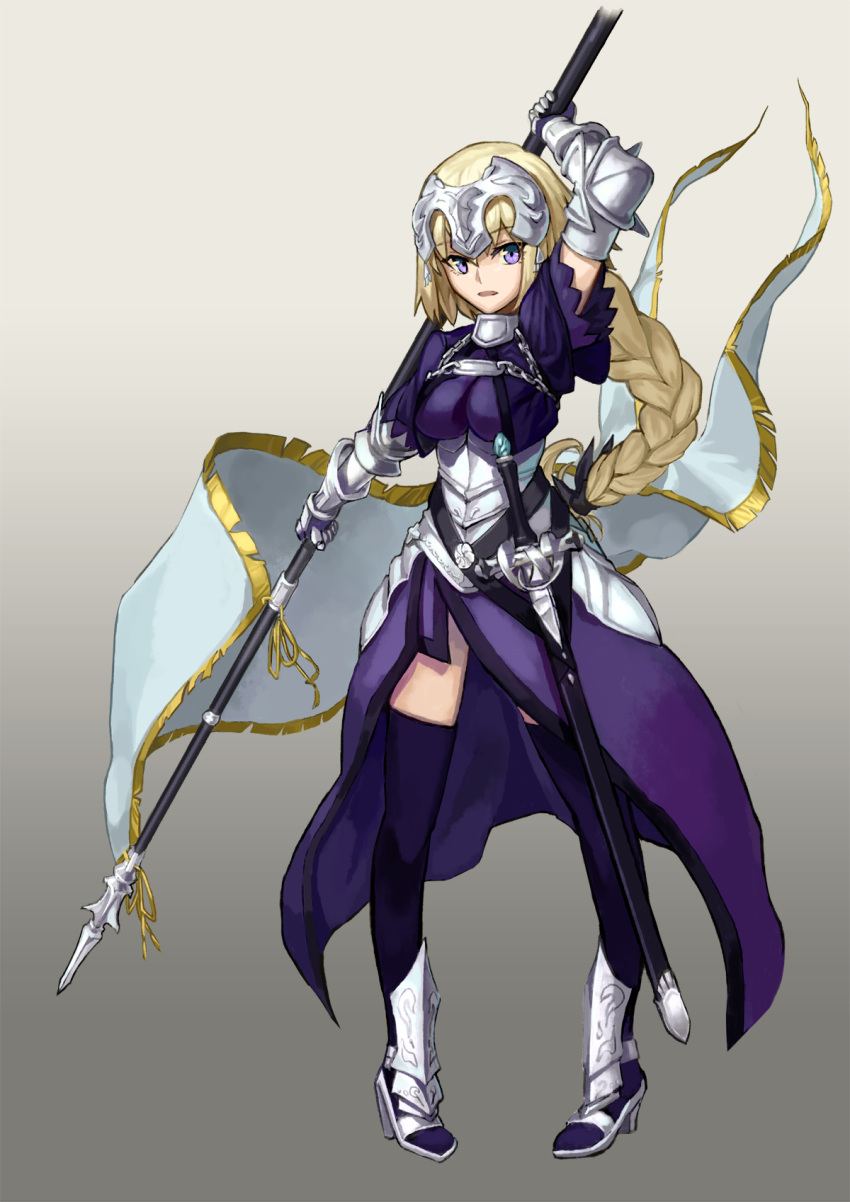 1girl arm_up armor armored_boots armored_dress banner black_legwear blonde_hair blue_dress boots braid breasts breasts_apart dress fate/apocrypha fate_(series) full_body gauntlets gradient gradient_background grey_background hei_niao high_heel_boots high_heels highres holding holding_weapon long_hair medium_breasts polearm ruler_(fate/apocrypha) sheath sheathed single_braid solo sowrd spear thigh-highs very_long_hair weapon