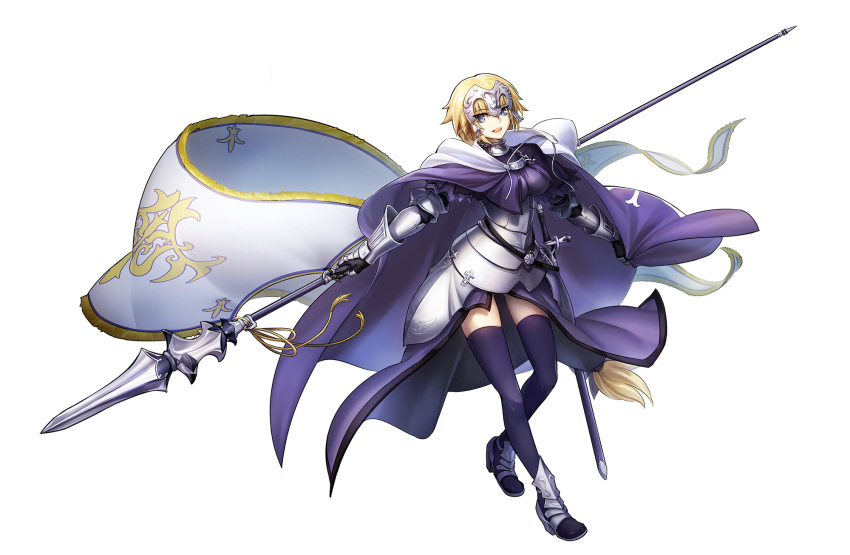 1girl :d armor armored_dress black_legwear blonde_hair blue_dress breasts breasts_apart dress full_body gauntlets highres holding holding_weapon looking_at_viewer medium_breasts open_mouth polearm ruler_(fate/apocrypha) sheath sheathed short_hair simple_background smile solo spear standing sword thigh-highs todee violet_eyes weapon white_background
