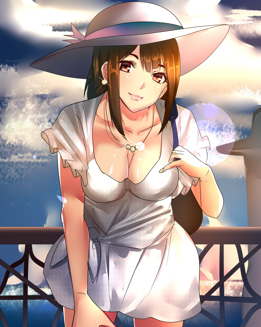 1girl backpack bag blue_sky breasts brown_eyes brown_hair cleavage clouds collarbone dress earrings hat hat_ribbon highres hizagawa_rau jewelry leaning_forward lens_flare looking_at_viewer medium_breasts necklace original outdoors railing ribbon sky standing white_dress white_hat