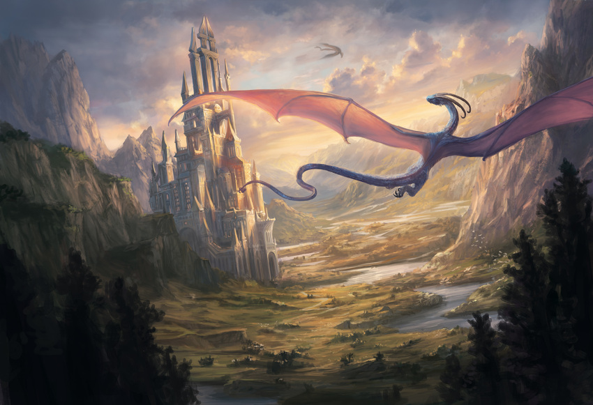 alayna_danner architecture castle city clouds cloudy_sky commentary day dragon fantasy flying forest gothic_architecture landscape mountain nature no_humans outdoors river scenery sky sunset tree valley