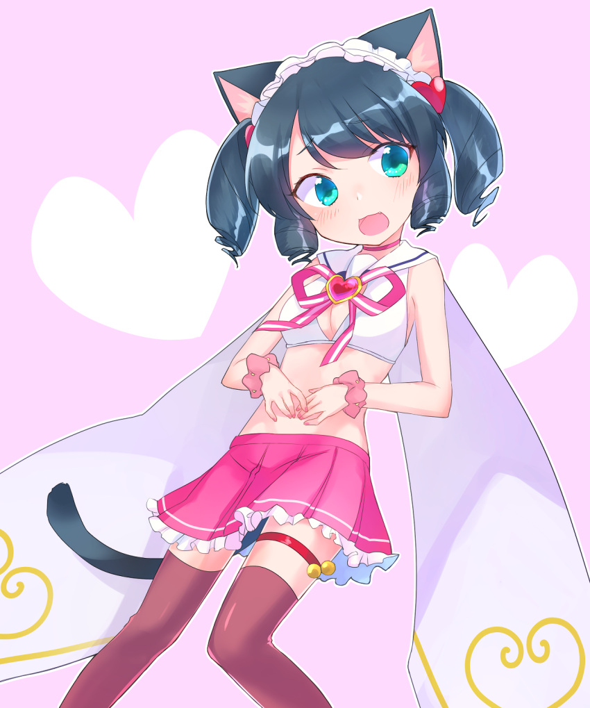 1girl animal_ears bell black_hair blush breasts brown_legwear cat_ears cat_tail cleavage cleavage_cutout curly_hair cyan_(show_by_rock!!) green_eyes highres kyuuri_(miyako) open_mouth pink_skirt pleated_skirt sailor_collar show_by_rock!! skirt smile solo tail thigh-highs
