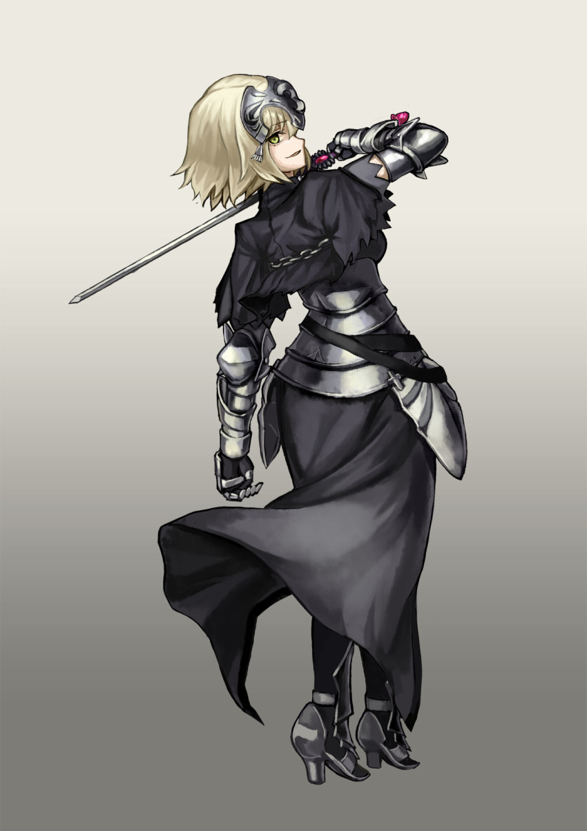 1girl armor armored_boots armored_dress black_dress black_legwear blonde_hair boots dress fate/grand_order fate_(series) from_behind full_body gaunetl gradient gradient_background grey_background hei_niao high_heel_boots high_heels highres jeanne_alter looking_at_viewer looking_back ruler_(fate/apocrypha) sholding_sword short_hair solo standing yellow_eyes