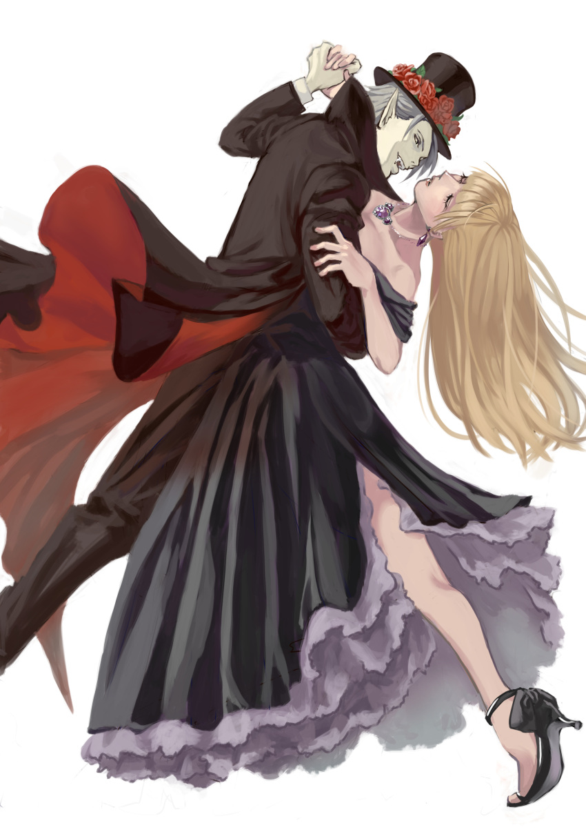 1boy 1girl 93tmnatsuki absurdres bare_shoulders black_dress black_shoes blonde_hair closed_eyes dancing dress earrings eyelashes fang flower formal gloves grey_hair hand_holding hat hat_flower high_heels highres jewelry necklace pointy_ears shoes suit top_hat vampire white_gloves yellow_eyes
