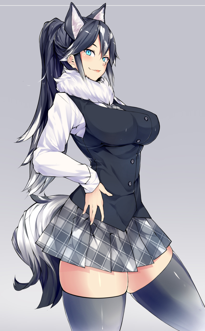 1girl absurdres animal_ears black_hair black_legwear black_vest blue_eyes blush bonkiru breasts closed_mouth dog_ears dog_tail from_side fur_collar gradient gradient_background grey_background hair_between_eyes hand_on_hip head_tilt highres kemono_friends large_breasts long_hair long_sleeves looking_at_viewer multicolored_hair necktie original plaid plaid_necktie plaid_skirt pleated_skirt ponytail shirt skindentation skirt smile solo tail thigh-highs two-tone_hair very_long_hair vest white_hair white_shirt