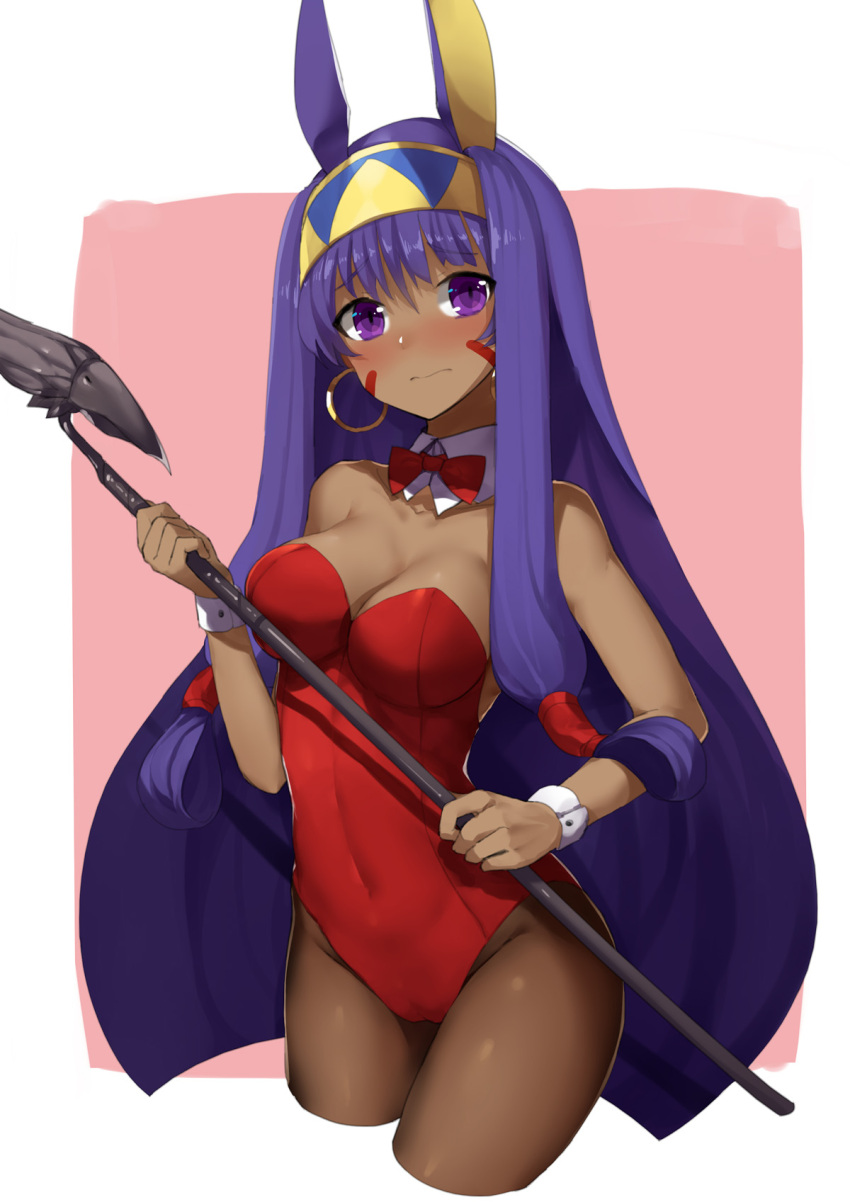 1girl bangs bare_shoulders black_legwear blush breasts bunnysuit cleavage closed_mouth covered_navel cropped_legs dark_skin egyptian eyebrows_visible_through_hair facepaint fate/grand_order fate_(series) hair_between_eyes hairband hand_up highres holding holding_staff leotard long_hair looking_at_viewer medium_breasts nitocris_(fate/grand_order) nose_blush pantyhose purple_hair red_leotard sh_(562835932) solo staff thighs very_long_hair wrist_cuffs
