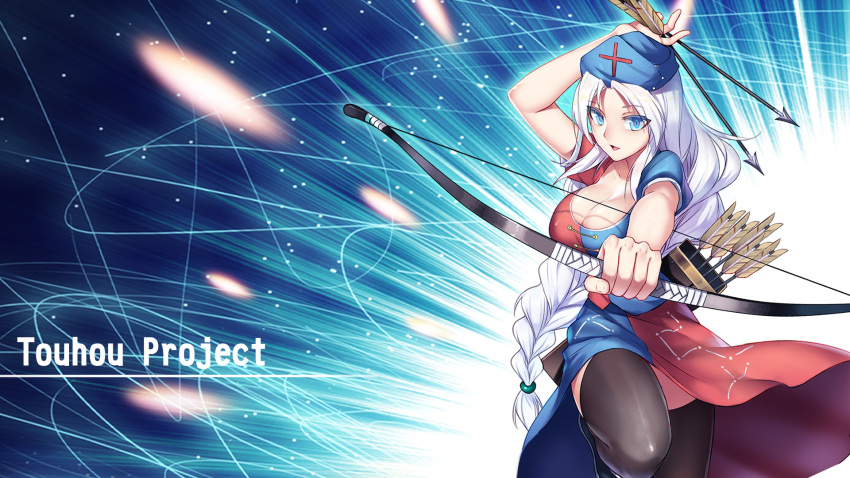 1girl arrow black_legwear blue_eyes blush bow_(weapon) breasts cleavage collarbone copyright_name eyebrows_visible_through_hair highres holding holding_bow_(weapon) holding_weapon large_breasts looking_at_viewer open_mouth silver_hair smile solo thigh-highs touhou wallpaper weapon x-boy yagokoro_eirin