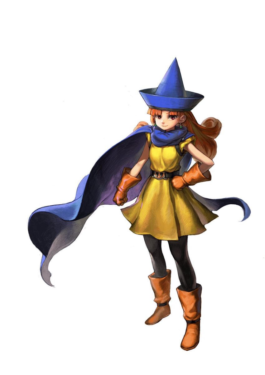 1girl alena_(dq4) black_legwear blue_hat boots brown_boots brown_eyes brown_hair cape clenched_hand closed_mouth dragon_quest dragon_quest_iv dress earrings full_body gloves hand_on_hip hat highres jewelry jun_(seojh1029) long_hair looking_at_viewer ornate pantyhose simple_background solo standing white_background yellow_dress