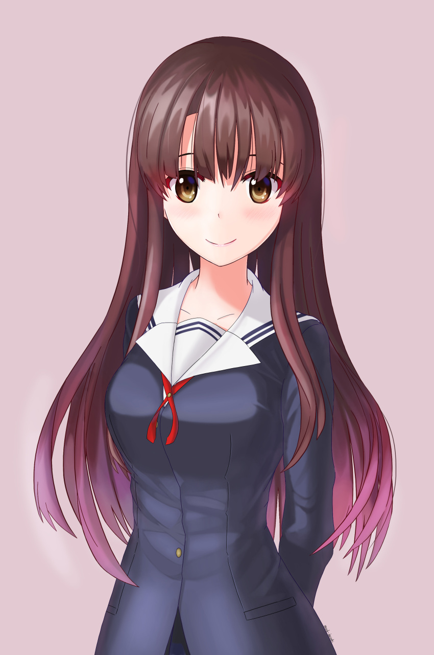 1girl absurdres arms_behind_back brown_eyes brown_hair collarbone highres katou_megumi long_hair looking_at_viewer maid_daisuki multicolored_hair neck_ribbon pink_background pink_hair red_ribbon ribbon saenai_heroine_no_sodatekata school_uniform simple_background smile solo standing two-tone_hair upper_body very_long_hair