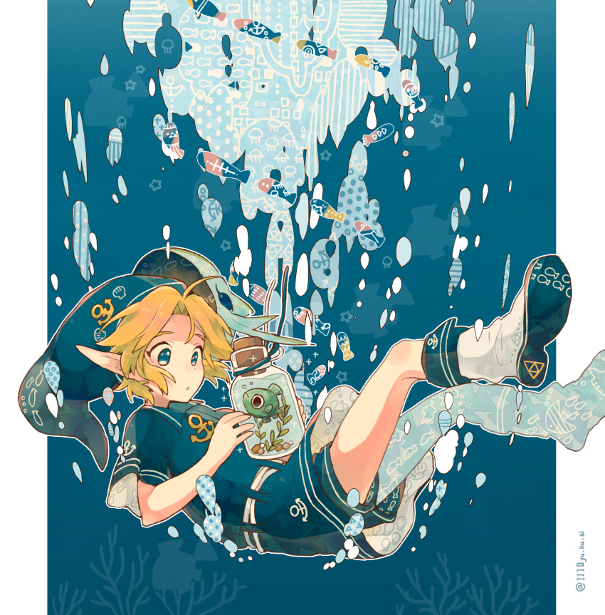 1boy absurdres anchor_symbol bangs blonde_hair blue_background blue_eyes blue_robe blue_shorts boots dot_nose fish fish_bottle floating hat highres link male_focus parted_lips plant pointy_ears rinu robe short_sleeves shorts solo the_legend_of_zelda the_legend_of_zelda:_majora's_mask twitter_username underwater