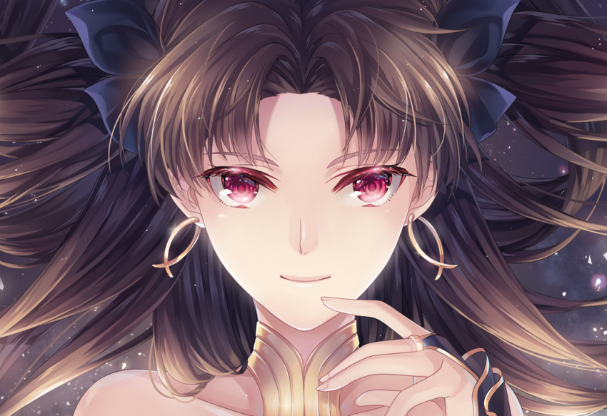 1girl black_ribbon bridal_gauntlets brown_hair earrings fate/grand_order fate_(series) hair_ribbon ishtar_(fate/grand_order) jewelry long_hair looking_at_viewer portrait red_eyes ribbon silverbin smile solo tohsaka_rin two_side_up