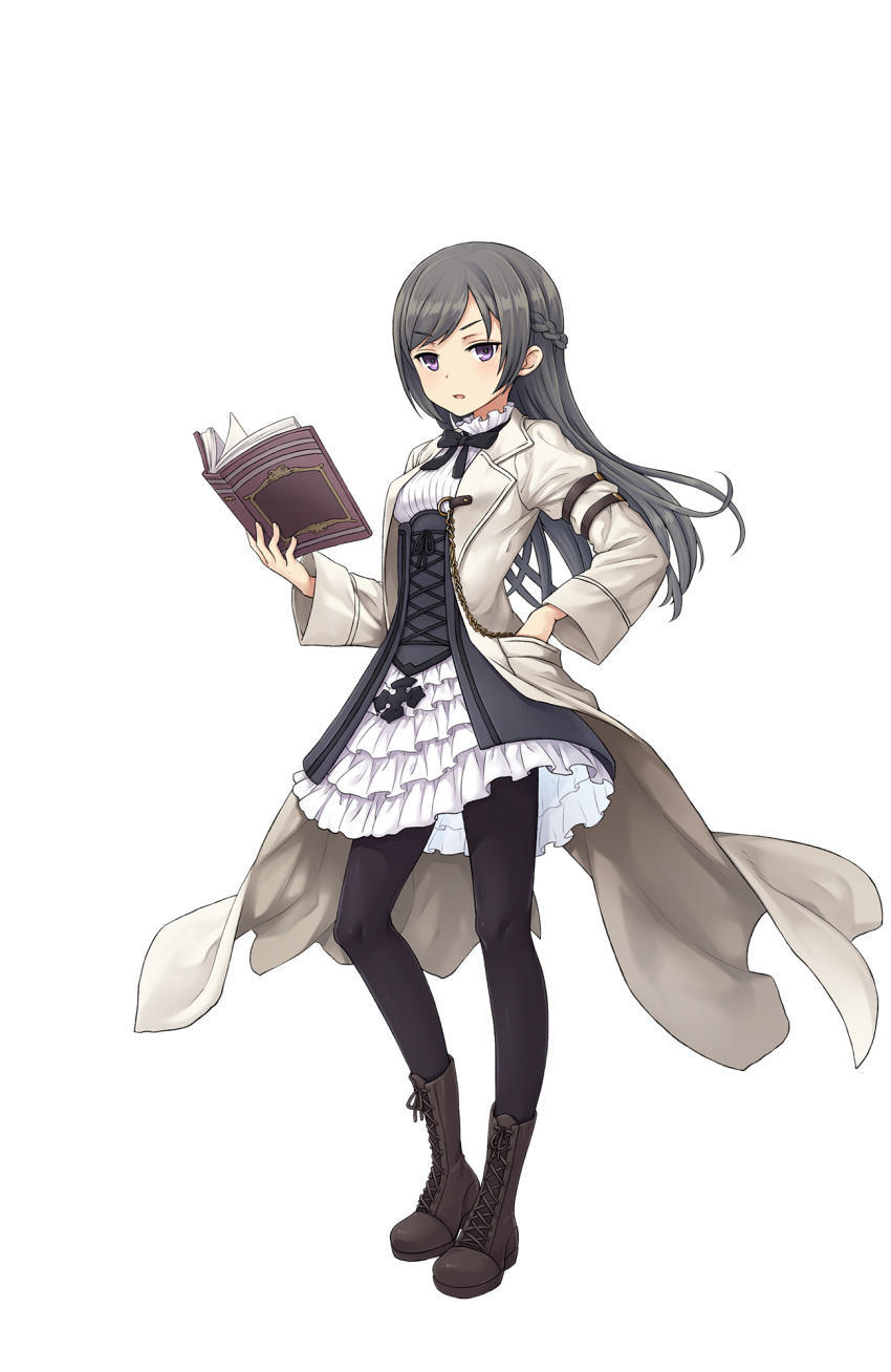 1girl black_legwear book boots braid brown_boots cross-laced_footwear crown_braid grey_hair hand_in_pocket highres holding holding_book jacket long_hair looking_at_viewer official_art open_book pantyhose princess_principal princess_principal_game_of_mission skirt solo sophie_mackenzie standing violet_eyes white_skirt