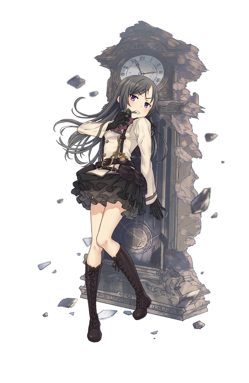 1girl backpack bag belt black_boots black_gloves black_skirt boots clock cross-laced_footwear debris explosive gloves grandfather_clock grenade grey_hair highres knee_boots long_hair looking_at_viewer mouth_pull official_art pocket_watch pouch princess_principal princess_principal_game_of_mission skirt solo sophie_mackenzie standing suspenders watch