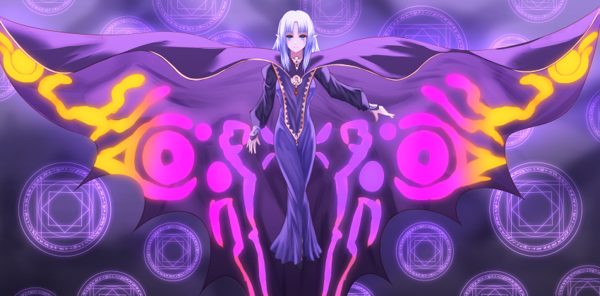 1girl absurdres blue_eyes blush caster character_request cloak closed_mouth eyebrows fate/stay_night fate_(series) floating highres long_hair looking_at_viewer magic_circle purple_robe silver_hair solo yagyun
