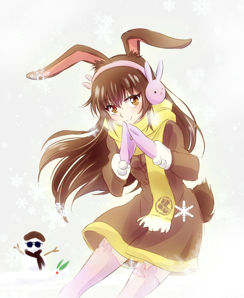 2girls animal_ears beret brown_eyes brown_hair bunny_girl bunny_tail coat coco_adel commentary_request earmuffs hat highres iesupa mittens multiple_girls rabbit_ears rwby scarf snowman sunglasses tail velvet_scarlatina