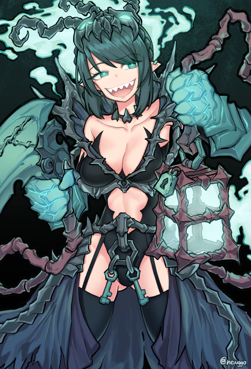 1girl :d bangs black_legwear breasts collar collarbone eyebrows_visible_through_hair female fire funako_(newggo) garter_straps genderswap genderswap_(mtf) gluteal_fold green_eyes green_fire green_hair head_tilt highres holding key lantern league_of_legends lock looking_away medium_breasts open_mouth padlock personification pointy_ears sharp_teeth smile solo swept_bangs teeth thigh-highs thresh