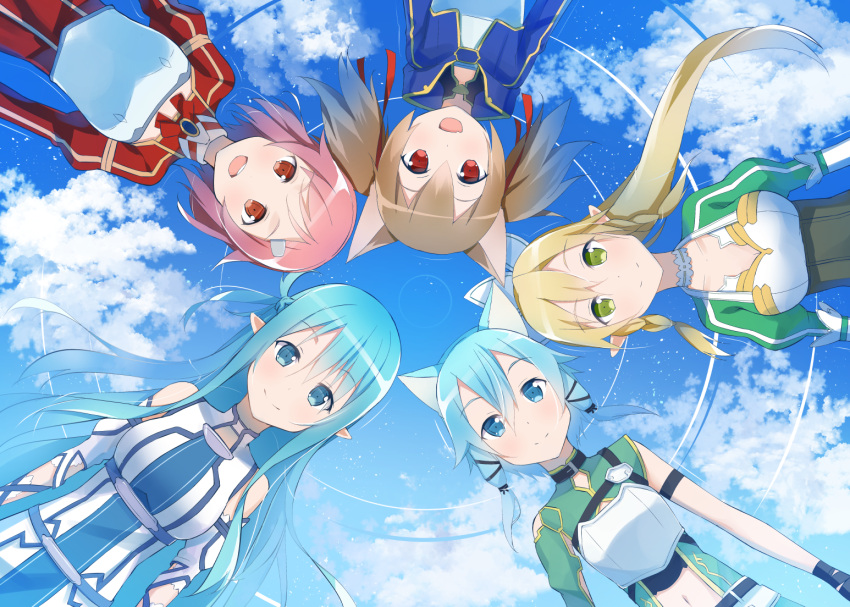 .com 5girls :d animal_ears asuna_(sao-alo) black_ribbon blonde_hair blue_eyes blue_hair breastplate breasts brown_hair cat_ears choker cleavage eyebrows_visible_through_hair floating_hair from_above green_eyes hair_between_eyes hair_ornament hair_ribbon hairclip leafa lisbeth_(sao-alo) long_hair lying medium_breasts midriff multiple_girls navel on_back open_mouth pink_hair pointy_ears ponytail red_eyes reflection_pool ribbon shinon_(sao-alo) short_hair_with_lon_locks silica_(sao-alo) smile sotmahc sword_art_online very_long_hair white_ribbon