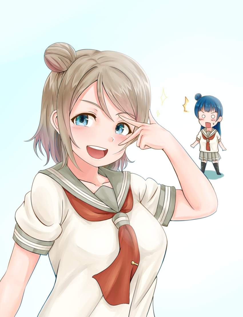 2girls @_@ alternate_hairstyle black_legwear blue_hair blush brown_hair chibi_inset collarbone eyebrows_visible_through_hair grey_skirt hair_bun highres long_hair looking_at_another looking_at_viewer love_live! love_live!_sunshine!! multiple_girls neckerchief open_mouth puffy_short_sleeves puffy_sleeves rama_(yu-light8) red_neckerchief short_hair short_sleeves skirt smile thigh-highs v v_over_eye watanabe_you