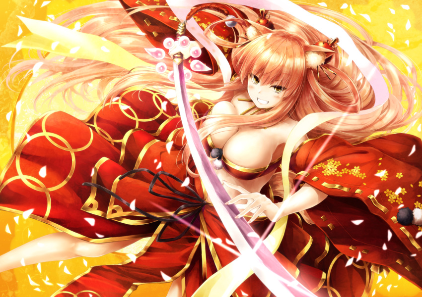 1girl animal_ears bangs bare_shoulders blade blonde_hair breasts cleavage dutch_angle eyebrows_visible_through_hair fate/extra fate/extra_ccc fate/extra_ccc_fox_tail fate_(series) fingernails floral_print fox_ears fox_tail from_above grin hair_ornament holding holding_sword holding_weapon japanese_clothes jewelry katana large_breasts long_hair looking_at_viewer midriff necklace petals pom_pom_(clothes) ribbon-trimmed_sleeves ribbon_trim saber_(fate/extra_ccc_fox_tail) smile solo sparkle suien sword tail teeth very_long_hair weapon wide_sleeves yellow_eyes