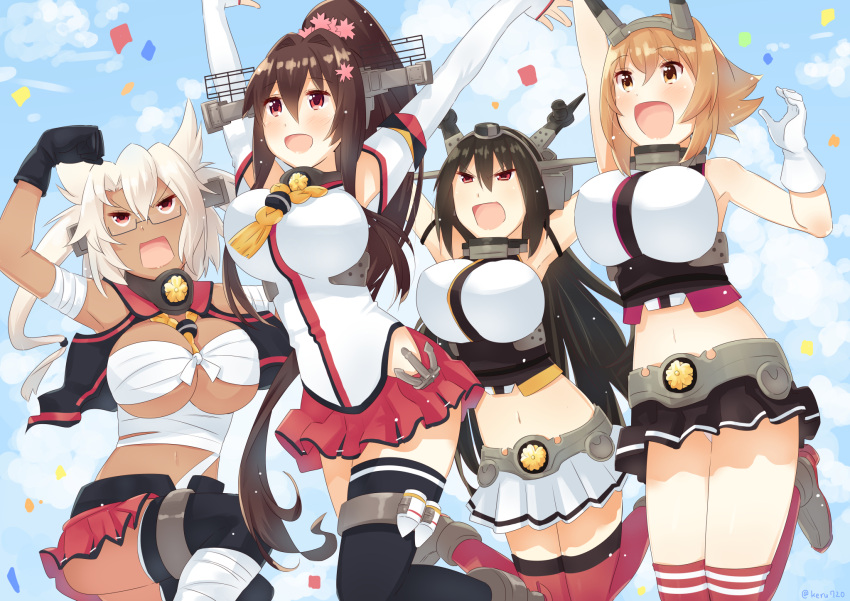 &gt;:d 4girls :d arms_up black_gloves black_hair black_skirt blonde_hair breasts brown_hair flower gloves hair_flower hair_ornament headgear highres kantai_collection large_breasts light_brown_eyes light_brown_hair long_hair multiple_girls musashi_(kantai_collection) mutsu_(kantai_collection) nagato_(kantai_collection) open_mouth pink_flower pleated_skirt pointy_hair ponytail red_eyes red_skirt sarashi short_hair skirt smile tonari_no_kai_keruberosu twintails white_skirt yamato_(kantai_collection)