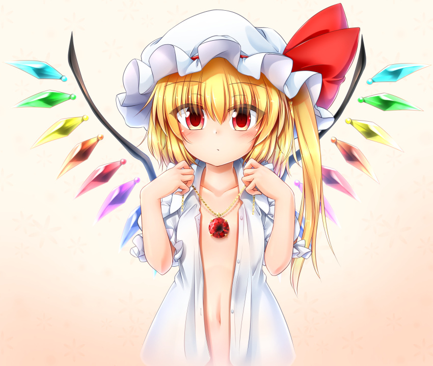 1girl :o absurdres blonde_hair blush collarbone flandre_scarlet gem gradient gradient_background hat hat_ribbon highres jewelry looking_at_viewer m9kndi mob_cap naked_shirt navel necklace open_clothes open_shirt puffy_short_sleeves puffy_sleeves red_eyes red_ribbon ribbon shirt short_sleeves side_ponytail solo touhou upper_body white_hat white_shirt wings