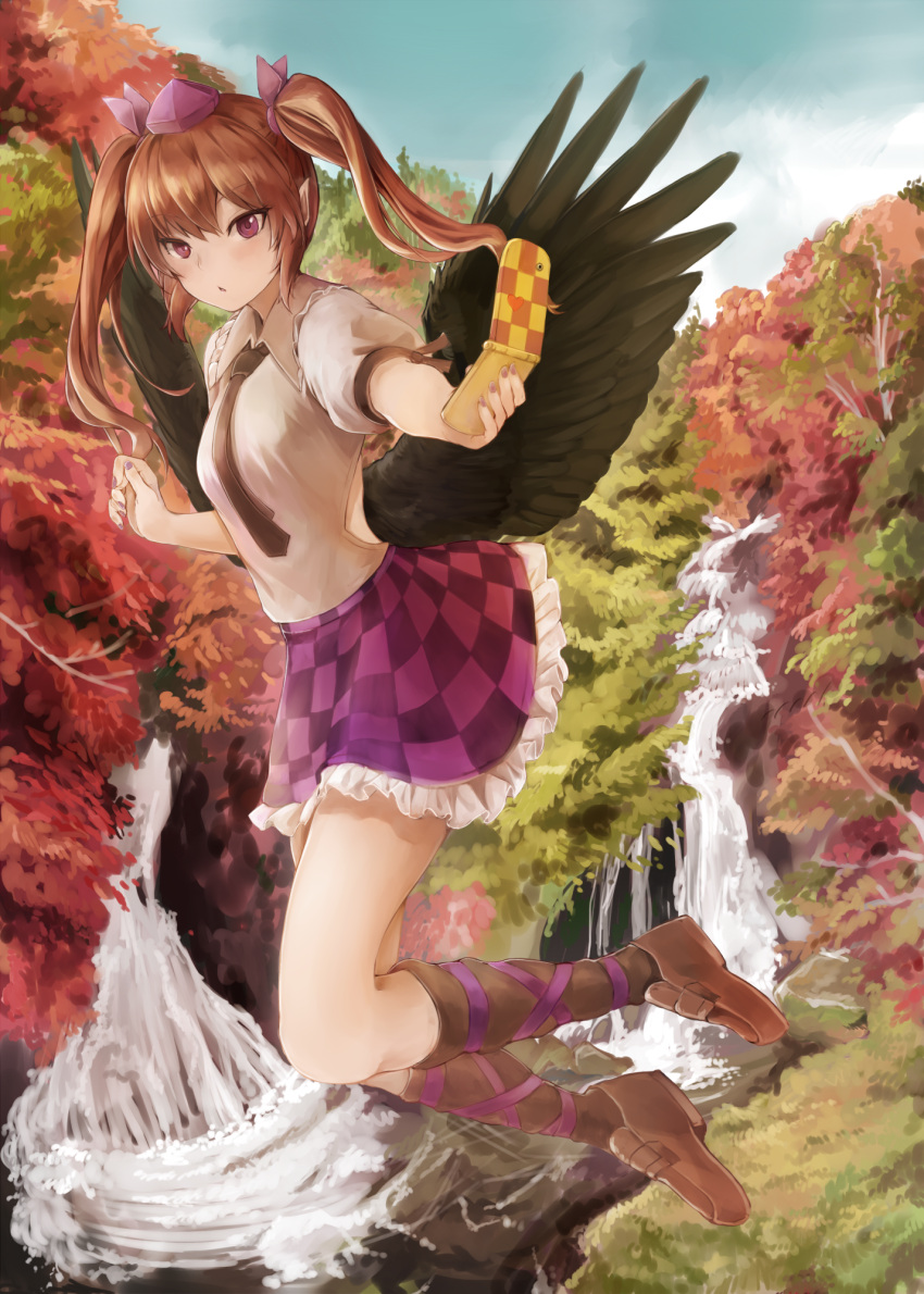 1girl black_legwear black_necktie black_wings brown_hair brown_shoes cellphone checkered checkered_skirt commentary_request day feathered_wings flying forest full_body hair_ribbon hat highres himekaidou_hatate holding kneehighs long_hair miniskirt nature necktie netamaru outdoors phone pointy_ears puffy_short_sleeves puffy_sleeves purple_ribbon purple_skirt ribbon shirt shoes short_sleeves skirt solo tokin_hat touhou twintails violet_eyes water waterfall white_shirt wings