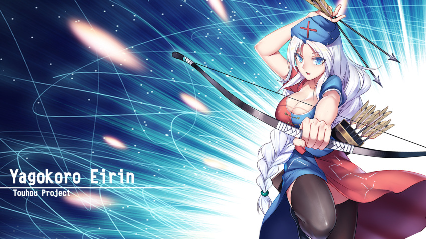 1girl arrow black_legwear blue_eyes blush bow_(weapon) breasts character_name cleavage collarbone copyright_name eyebrows_visible_through_hair highres holding holding_bow_(weapon) holding_weapon large_breasts looking_at_viewer open_mouth silver_hair smile solo thigh-highs touhou wallpaper weapon x-boy yagokoro_eirin