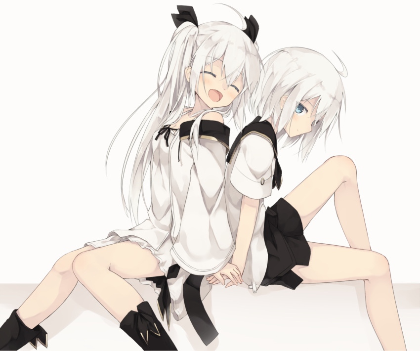 2girls :d ahoge bare_legs black_boots black_neckerchief black_ribbon black_sailor_collar black_skirt blush boots breasts cleavage closed_eyes closed_mouth collarbone commentary_request eyebrows_visible_through_hair hair_between_eyes hair_ribbon hands_together knees_together_feet_apart long_hair long_sleeves looking_at_viewer multiple_girls nagishiro_mito neckerchief open_mouth original ribbon sailor_collar sailor_shirt shirt short_hair short_sleeves sidelocks sitting skirt small_breasts smile twintails white_background white_hair white_shirt white_skirt wide_sleeves