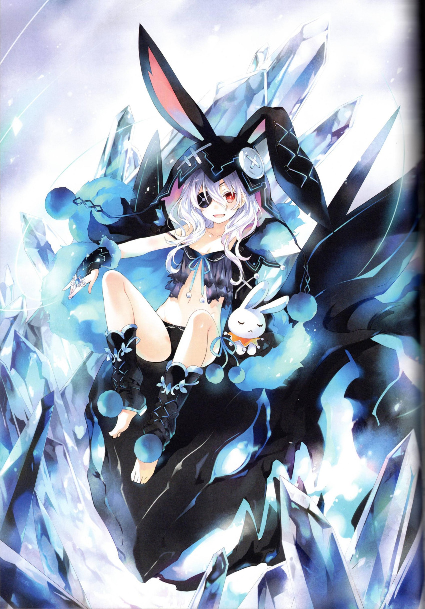 1girl absurdres alternate_costume alternate_eye_color alternate_hair_color animal_hood barefoot black_clothes black_panties bunny_hood dark_persona date_a_live eyepatch fingerless_gloves gloves hand_puppet highres hood ice ice_crystal jewelry navel official_art panties puppet red_eyes ring silver_hair smile tsunako underwear yoshino_(date_a_live) yoshinon