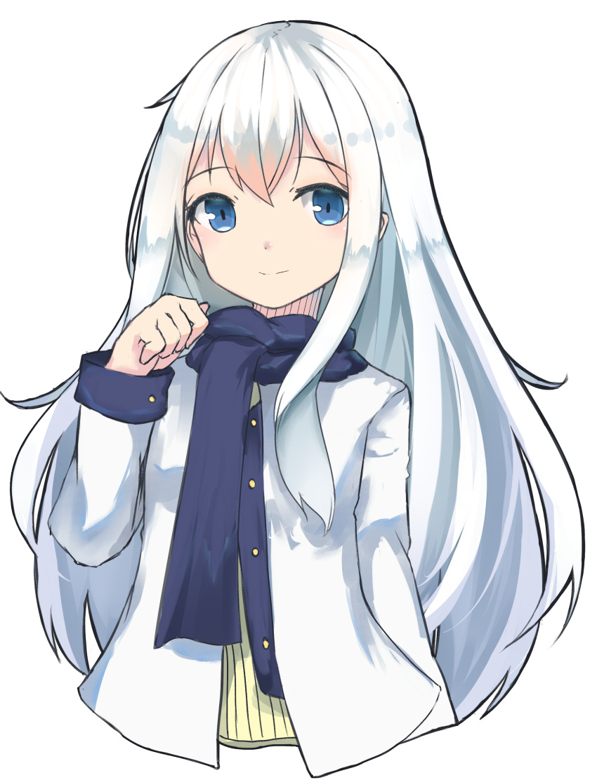 1girl absurdres blue_eyes blue_scarf cropped_torso eyebrows_visible_through_hair hair_between_eyes hibiki_(kantai_collection) highres kantai_collection kure_(kure_ng) long_hair looking_at_viewer scarf silver_hair simple_background smile solo very_long_hair white_background