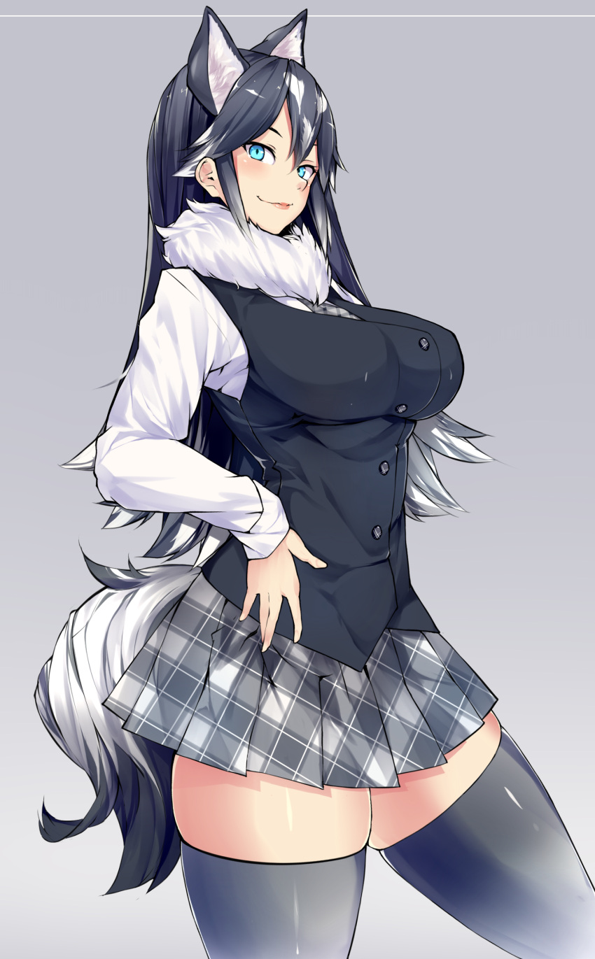 1girl absurdres animal_ears black_hair black_legwear black_vest blue_eyes blush bonkiru breasts closed_mouth commentary_request dog_ears dog_tail from_side fur_collar gradient gradient_background grey_background hair_between_eyes hand_on_hip head_tilt highres kemono_friends large_breasts long_hair long_sleeves looking_at_viewer multicolored_hair necktie original plaid plaid_necktie plaid_skirt pleated_skirt shirt skindentation skirt smile solo tail thigh-highs two-tone_hair very_long_hair vest white_hair white_shirt