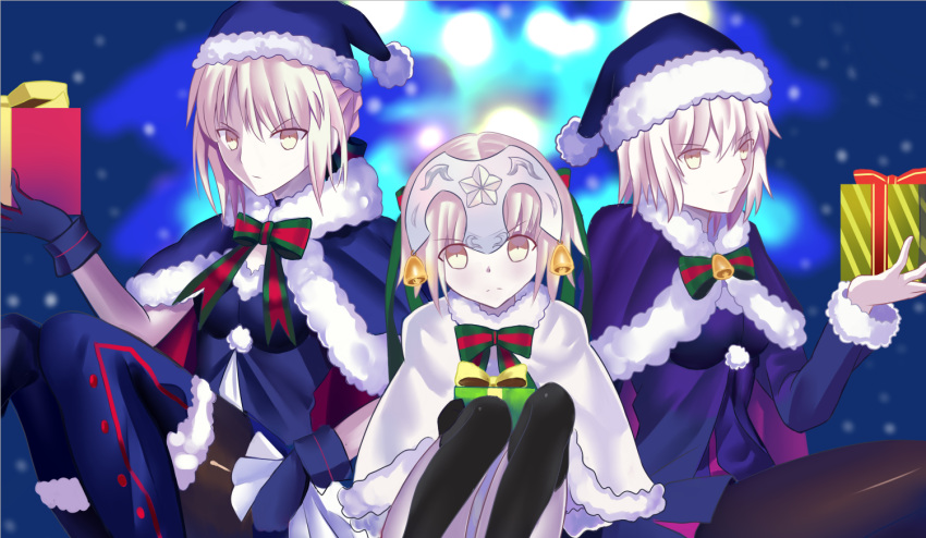 3girls bell black_legwear blue_boots blue_dress blue_gloves blue_hat blue_santa_costume boots bow bowtie box capelet dress fur_trim gloves hair_bell hair_ornament hat higt_box holding holding_box light_smile looking_at_viewer multiple_girls pantyhose pleated_dress qiye_yue sana_boots santa_costume santa_hat shiny shiny_clothes short_dress short_hair silver_hair striped striped_bow striped_bowtie thigh-highs thigh_boots yellow_eyes