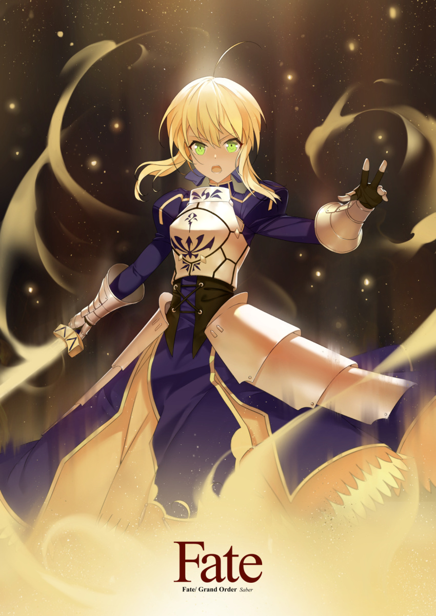 1girl ahoge armor armored_dress artoria_pendragon_(all) blonde_hair blue_dress blue_ribbon character_name copyright_name dress fate/stay_night fate_(series) felix_(felix901123) gauntlets green_eyes hair_between_eyes hair_ribbon highres holding holding_sword holding_weapon open_mouth ribbon saber short_hair_with_long_locks solo standing sword weapon