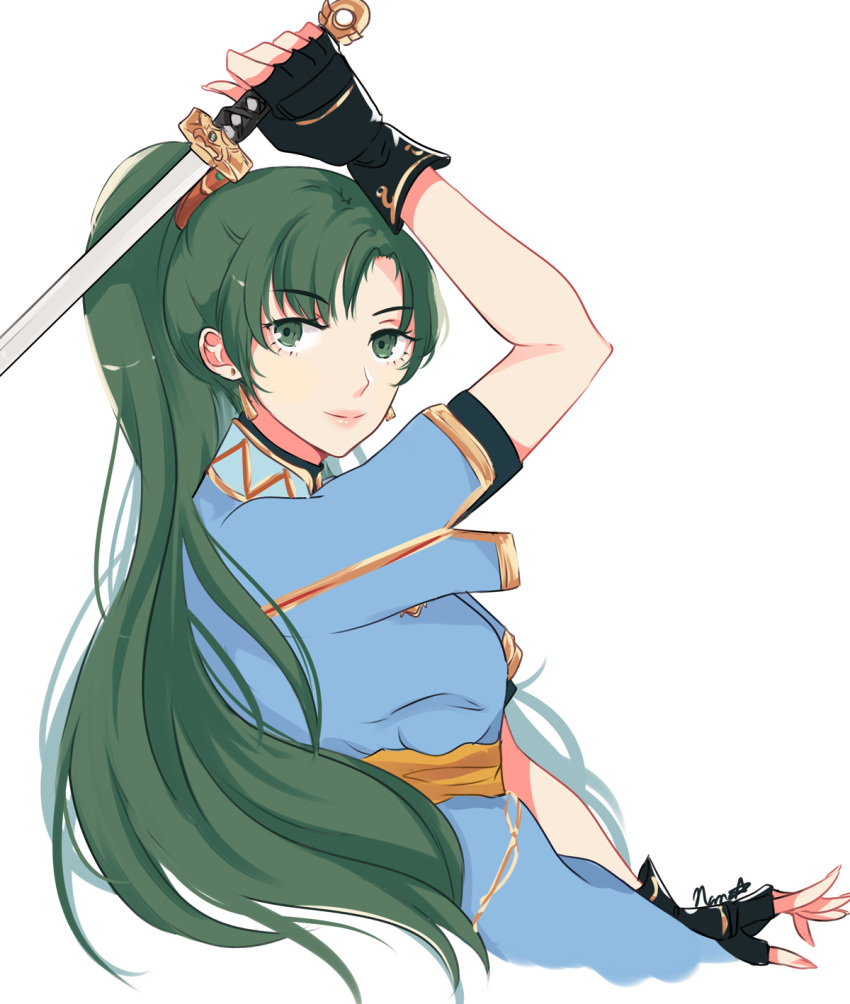 1girl blush breasts dress earrings fire_emblem fire_emblem:_rekka_no_ken fire_emblem_musou gloves green_eyes green_hair high_ponytail highres jewelry long_hair looking_at_viewer lyndis_(fire_emblem) nana_(mizukas) ponytail smile solo sword very_long_hair weapon
