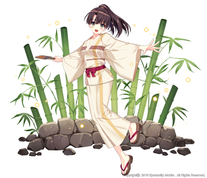 1girl :d bambou brown_eyes brown_hair eyebrows_visible_through_hair fan floating_hair full_body high_ponytail holding holding_fan japanese_clothes katou_megumi kimono long_hair looking_at_viewer open_mouth outstretched_arms red_ribbon ribbon saenai_heroine_no_sodatekata simple_background smile solo srb7606 white_background