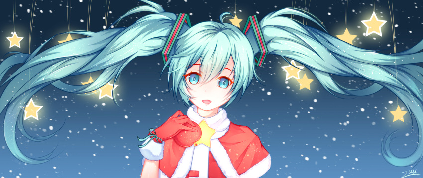 1girl :d blue_eyes blue_hair blue_ribbon capelet floating_hair gloves hair_between_eyes hair_ornament hatsune_miku highres holding long_hair looking_at_viewer open_mouth red_gloves ribbon santa_costume smile solo star twintails very_long_hair vocaloid wrist_ribbon zuu_(qq770463651)