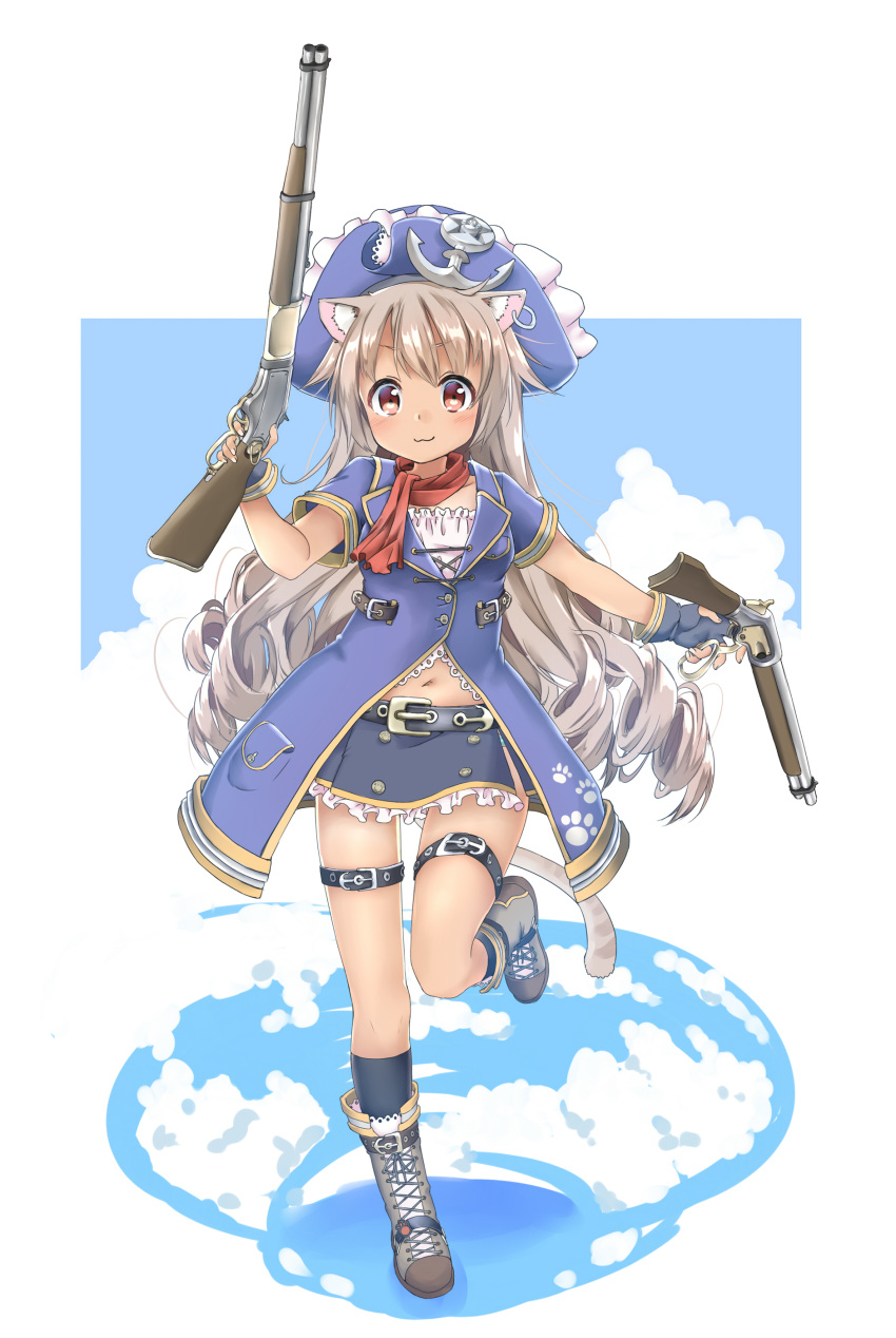 &gt;:3 1girl :3 absurdres anchor_symbol animal_ears antique_firearm belt blush boots buckle cat_ears cat_tail cross-laced_footwear dual_wielding fingerless_gloves firearm frilled_skirt frills full_body gloves gun hat highres jacket jewelry light_brown_hair long_hair looking_at_viewer miniskirt navel original paw_print pink_eyes pirate_costume pirate_hat sekira_ame silver_hair single_earring skirt solo standing standing_on_one_leg tail very_long_hair weapon